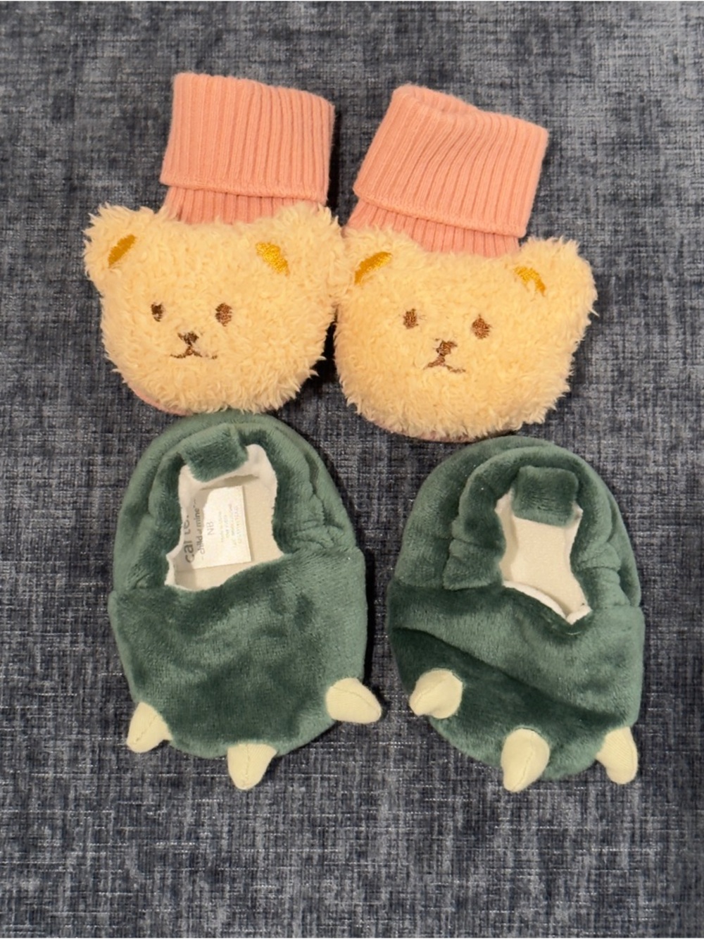 child of mine Pink Cuffed Bear Mittens and Green Plush Dino Booties